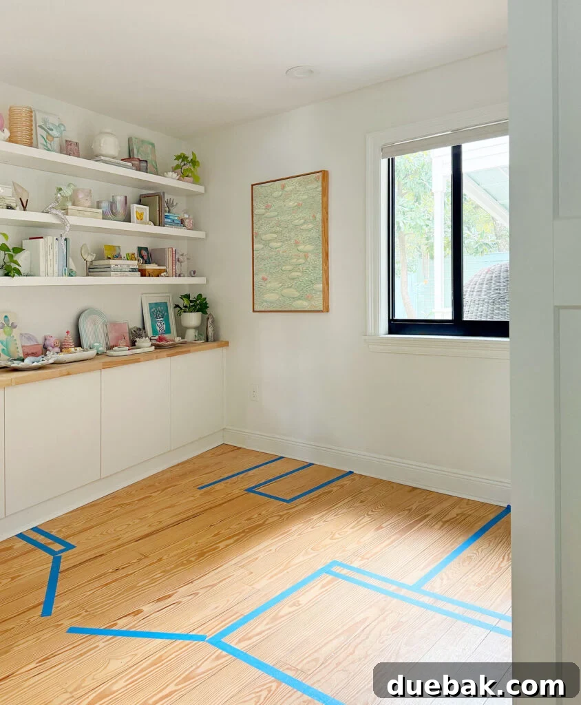 Painters Tape On Floor To Designate Bathroom Renovation Layout