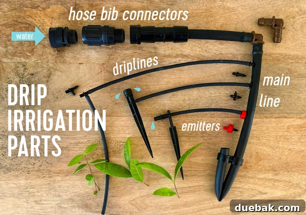 Part For Drip Irrigation System Including Hose Bib Connectors Tubing and Emitters