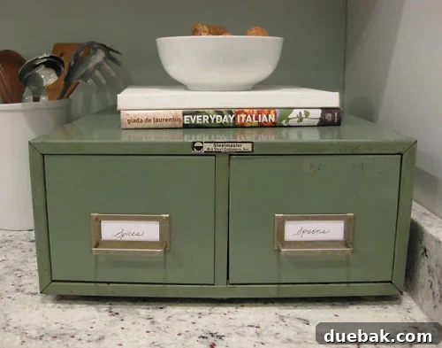 Card catalog repurposed as spice and spoon rack