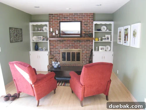 After photo of the hearthroom painted in Olivine with built-ins