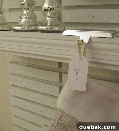 Stocking hooks close-up Silver stocking hooks with name tags