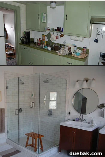 Kitchen converted into bathroom, before and after