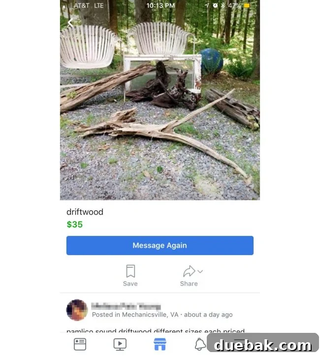Screenshot of listing with driftwood and chairs