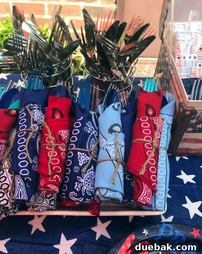 Rolled silverware in bandanas