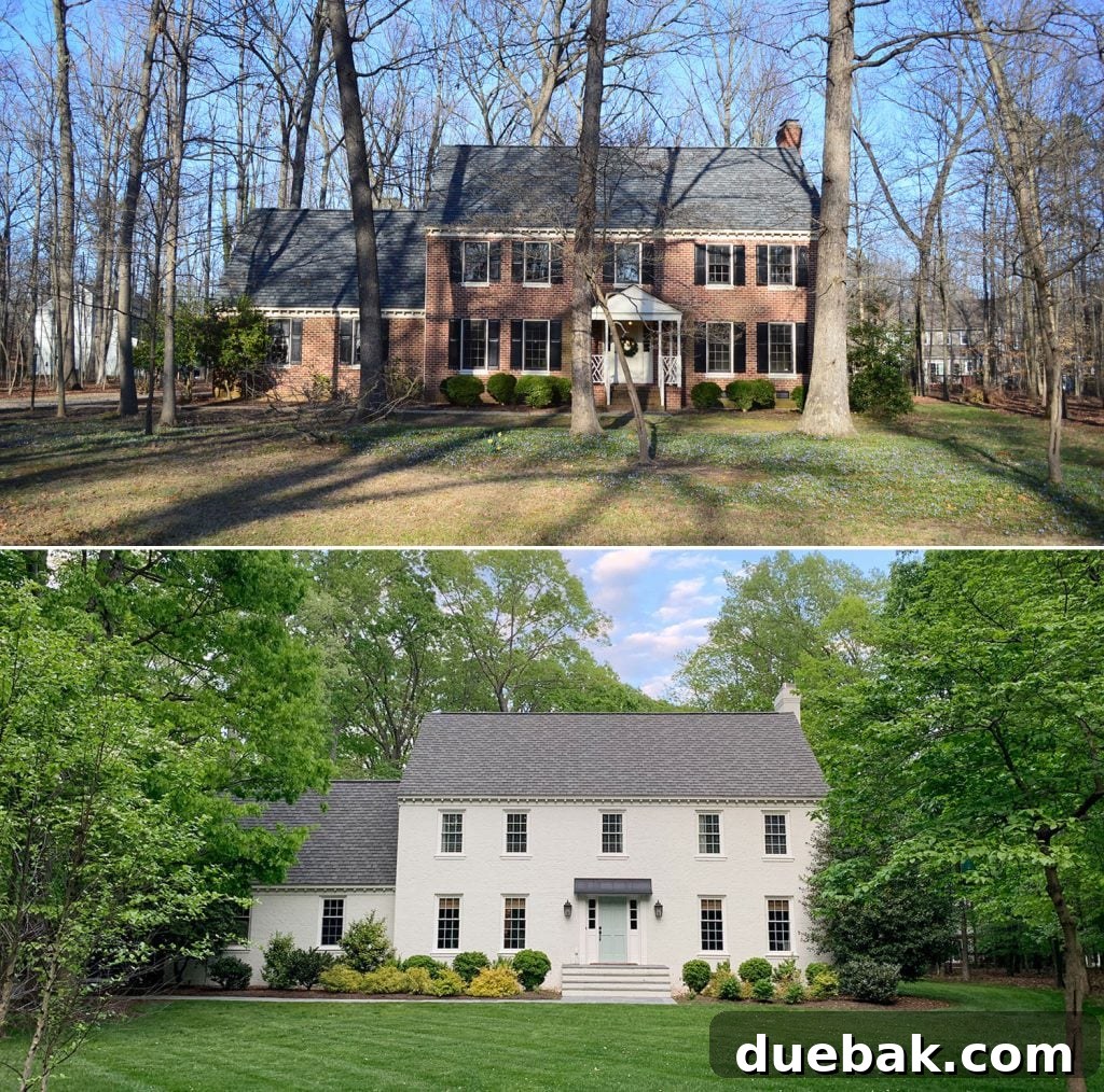 How We Transformed Our Brick House with White Paint 6 Before And After Photos Of Brick House Paintdd White From Yard