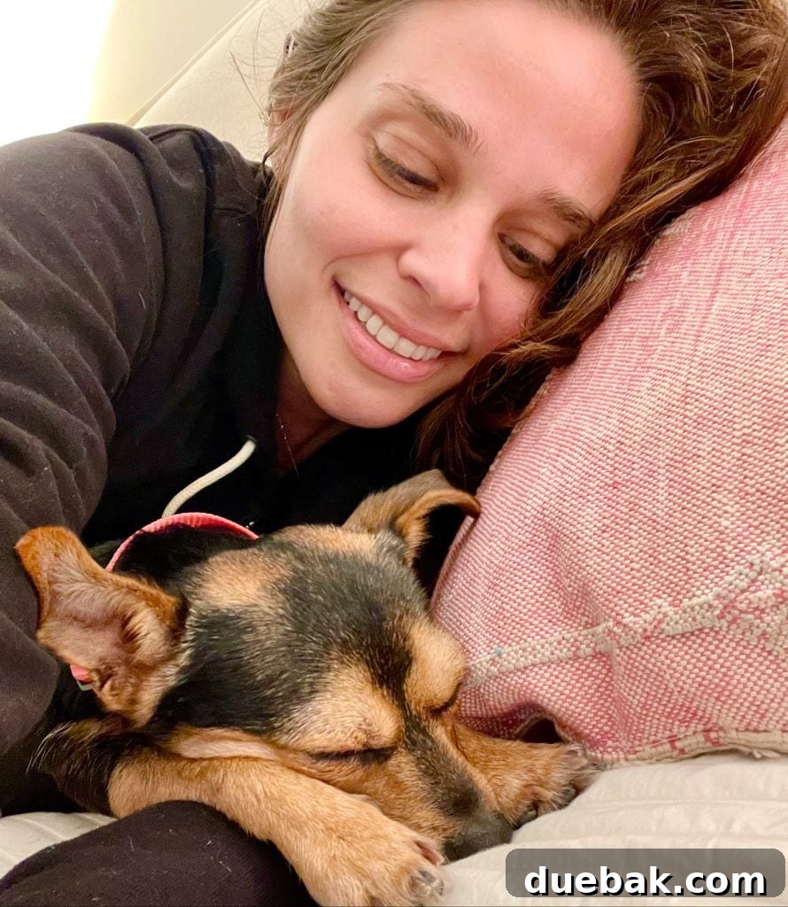 Penny the dog sleeping next to Sherry on pillow