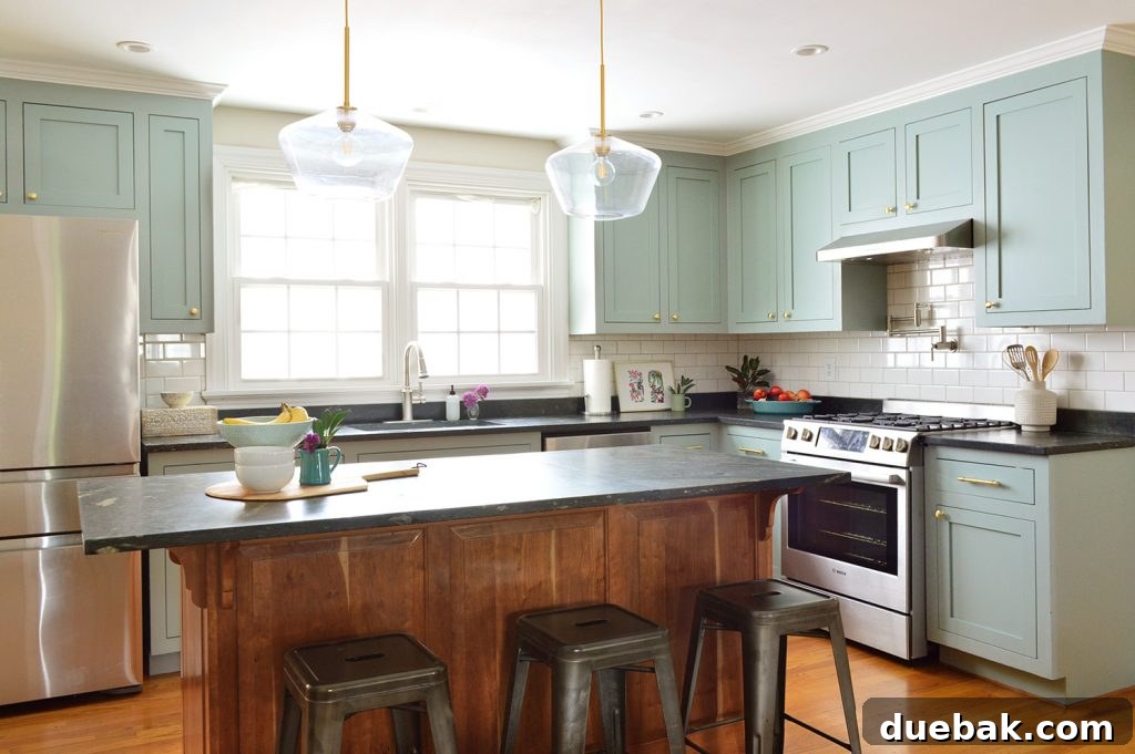 Halcyon Green Blue Kitchen Cabinet Makeover With Gold Hardware