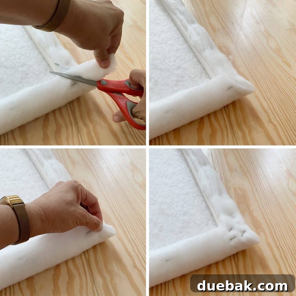 DIY Headboard Ideas: Simple Projects for a Stylish Bedroom 9 Step-by-step details of stapling and folding corner of fabric batting for DIY headboard project