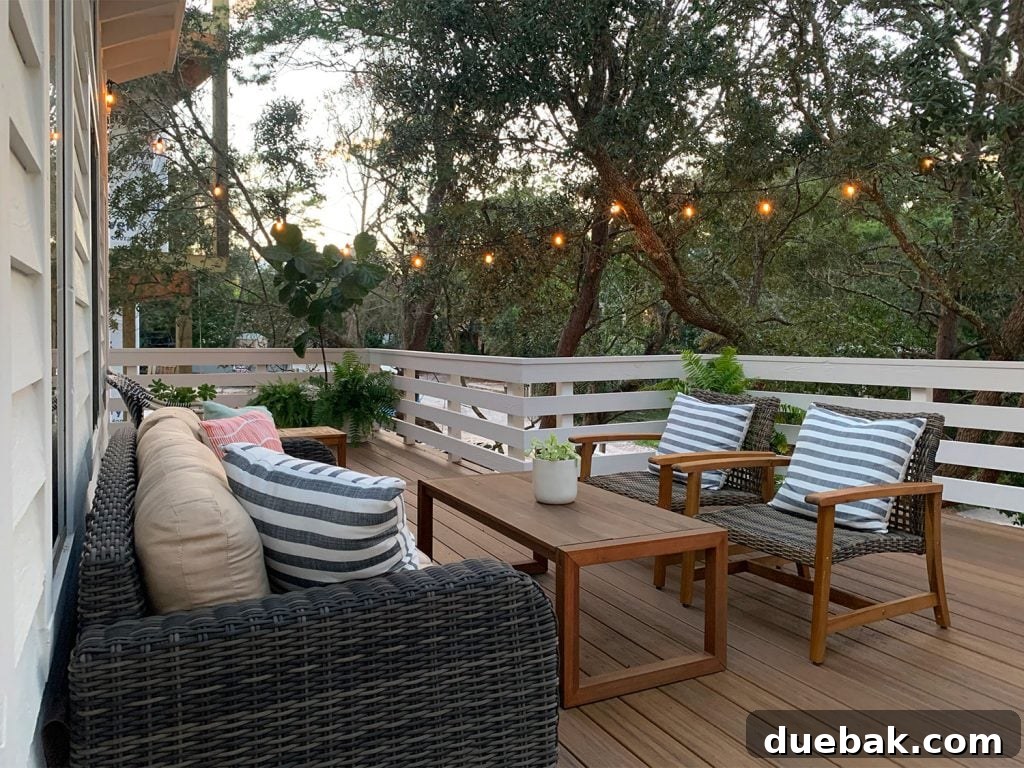 Dusk View Of Outdoor Deck Surrounded By Trees