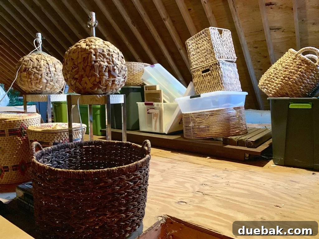 Attic with various wicker baskets and lamps