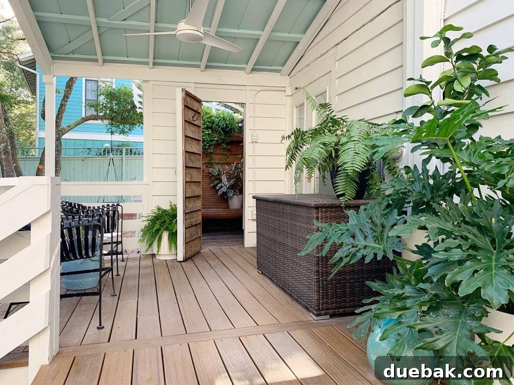 Covered Porch With Blue Ceiling And Open Door To Outdoor Shower