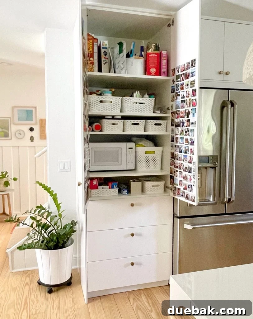 Ikea Kitchen Built-In Pantry With Doors Open to Show Shelf Organization With Baskets