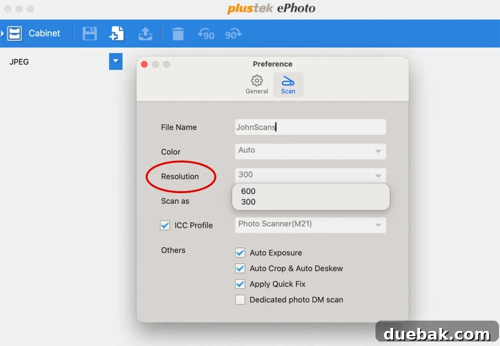 Where to Change Resolution in Plustek ePhoto